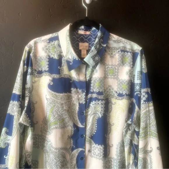 CHICO'S PAISLEY POP GIANA BLOUSE SZ  3 Paisley Print Blue and Green Women's Top - Picture 5 of 15